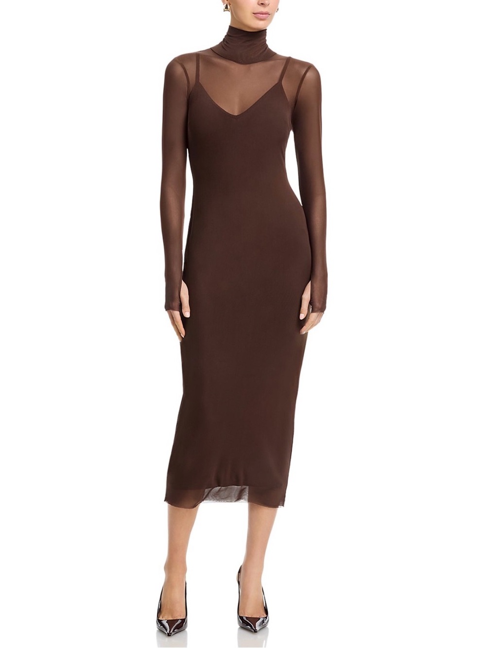 AFRM Brown Sheer-Neck Slip Midi Dress